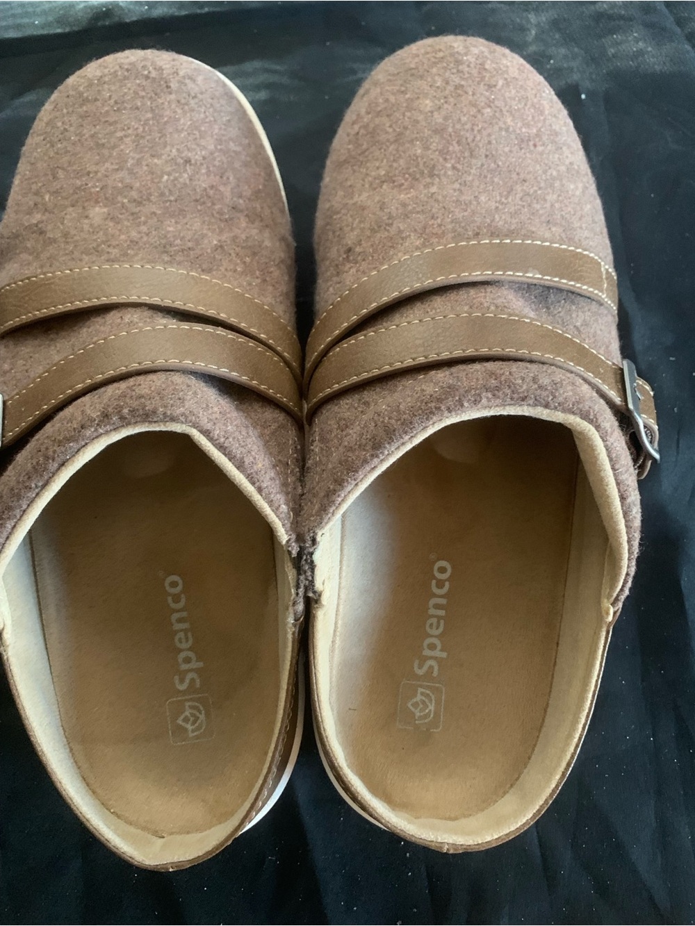 Woman’s Two Tone Tan Brown Felt Slip-On Mules With Adjustable Straps and Buckles